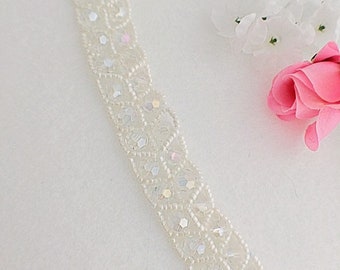 Beaded Wedding Bridal Bracelet,  Clear Crystal Bracelet, Adjustable Clear Crystal, Crystal Woven, White Beaded, AB Crystals, Leaf Design