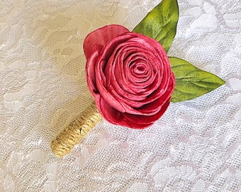 Sola Wood Flower Boutonnière, Burgundy Rose, Green Silk Leaves, Jute Rope Stem, Choose Your Color, Realistic, Casual, Country, Wedding, Prom