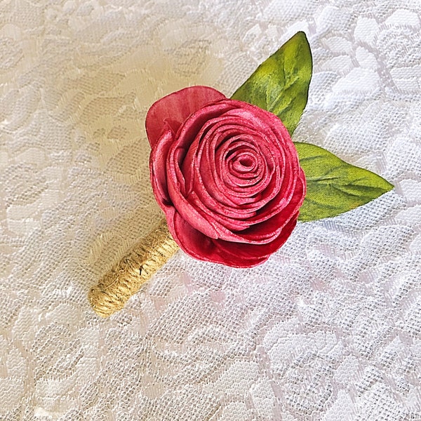 Sola Wood Flower Boutonnière, Burgundy Rose, Green Silk Leaves, Jute Rope Stem, Choose Your Color, Realistic, Casual, Country, Wedding, Prom