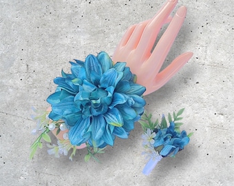 Teal Dahlia Corsage Boutonniere Set, Prom Wedding Dance Flower, HOCO