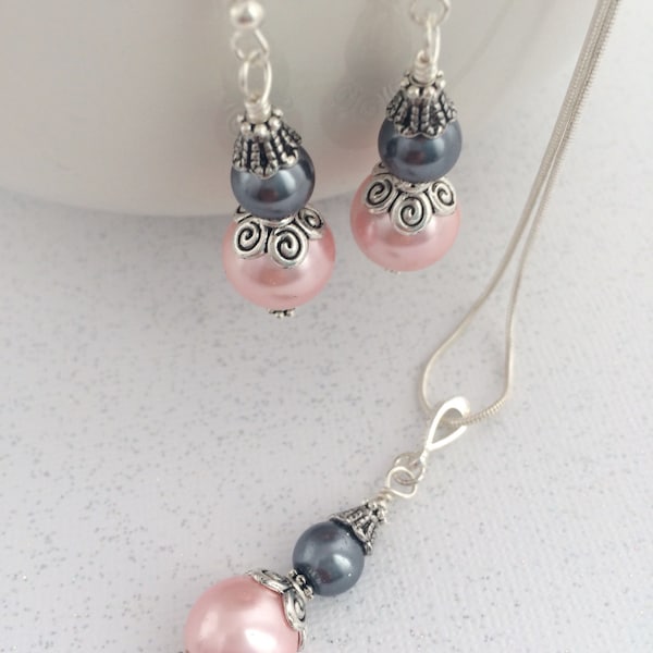 Pink Gray Earrings, Pink Gray Necklace, Blush Gray Wedding, Pink Gray Drop Earrings, Gray Blush Earrings, Grey Pink Pendant, Bridesmaid Gift