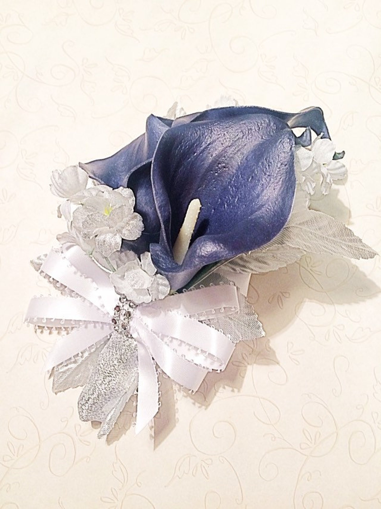 Navy Silver Corsage Calla Lily Corsage Silver Flowers Navy Etsy