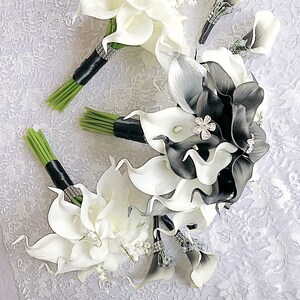 Gothic Black & White Bridal Bouquet: Rhinestone Brooch, Calla Lilies