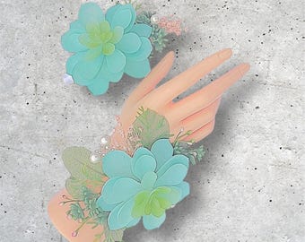 Succulent Corsage & Boutonniere Set, Aqua Floral, Pearl Wrist, HOCO