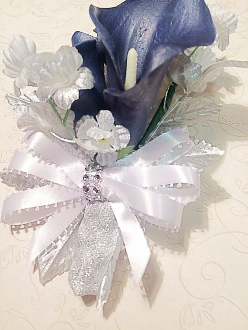 Navy Silver Corsage Calla Lily Corsage Silver Flowers Navy Etsy