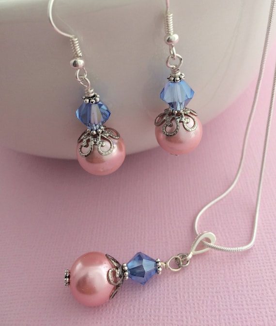 Blush Pink Blue Jewelry, Wedding Jewelry, Bridesmaid Necklace, Bridesmaid Earrings, Pink Blue Wedding, Pearl & Crystal Drop Earrings