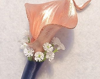 Rose Gold Boutonnière, Copper Navy, Gold and Navy, Blush Lapel Pin, Prom Boutonniere, Dusty Rose, Rose Buttonhole, Groomsmen Flower, Wedding