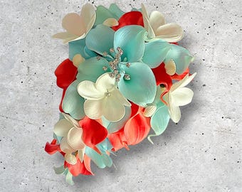 Coral and Aqua Cascading Bouquet, Bridesmaid, Plumerias Bling, Hand Tied, Beach Theme, Turquoise, Peach Bouquet, Calla Lilies, Real Touch