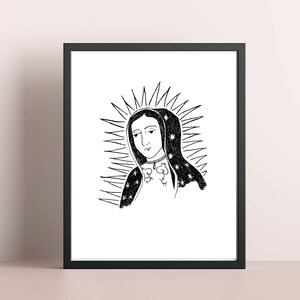 May include: Black and white line art print of the Virgin Mary in a star-studded robe, with a halo of radiating light.