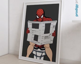 Spiderman on toilet print,  Fun Toilet gift, Spiderman Bathroom Art, Toilet Print Art