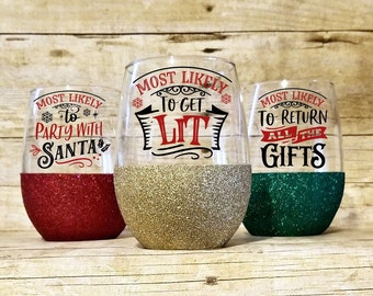 Funny Christmas Wine Glasses: 'Most Likely To' Set of 3