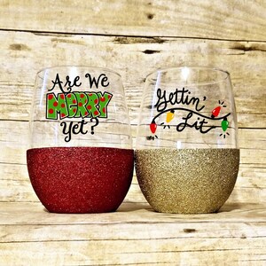 Christmas glass set, Holiday glass set, Holiday gift exchange, Secret Santa gift, Stemless Christmas wine glass, set of 2, funny christmas