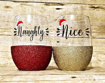 Christmas glass set, Holiday glass set, Holiday gift exchange, Secret Santa gift, Stemless Christmas wine glass, set of 2