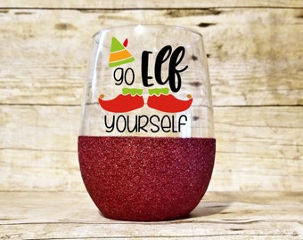 Go Elf yourself, Holiday wine glass, Holiday gift exchange, Secret Santa gift, Elf Glass, Stemless Christmas wine glass, white elephant gift