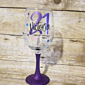 21st birthday glass, 21st wine glass, finally 21 gift, glitter wine glass, birthday princess, polka-dot glass, Milestone wine glass