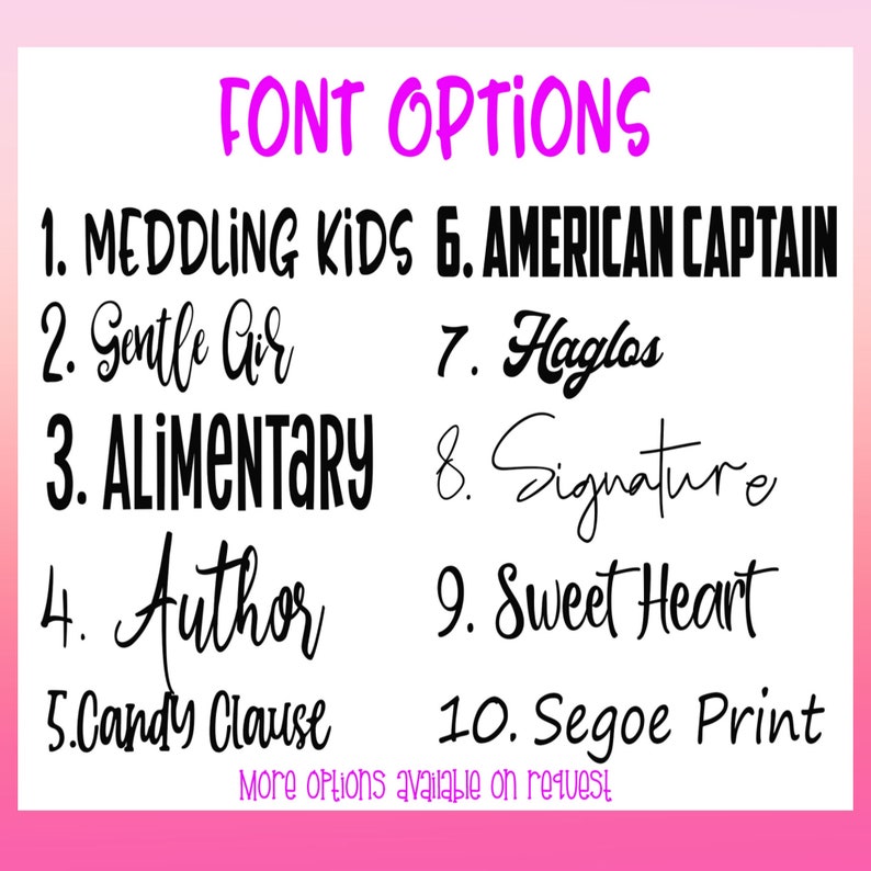 Pode incluir: Uma lista de op&ccedil;&otilde;es de fontes para um projeto de design. As op&ccedil;&otilde;es incluem Meddling Kids, Gentle Air, Alimentary, Author, Candy Clause, American Captain, Haglos, Signature, Sweet Heart e Segoe Print. Mais op&ccedil;&otilde;es est&atilde;o dispon&iacute;veis a pedido.