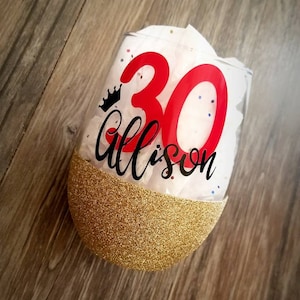30th birthday wine glass, glitter wine glass, dirty thirty gift, dirty 30 glass, 30th birthday gift, stemless wine glass, birthday gift
