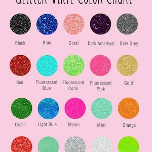 Pode incluir: Carta de cores que mostra 16 cores diferentes de vinil com glitter. As cores incluem preto, azul, coral, ametista escuro, cinza escuro, vermelho, azul fluorescente, coral fluorescente, rosa fluorescente, dourado, verde, azul claro, mel&atilde;o, menta, laranja, vermelho ultra, espuma do mar, prata, branco e verde lim&atilde;o.