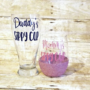 Mommy & Daddy Sippy Cup Set: Wine and Beer Glasses, New Parent Gift