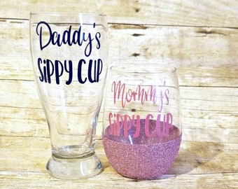 Mommy & Daddy Sippy Cup Set: Wine and Beer Glasses, New Parent Gift
