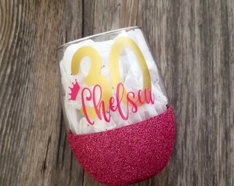 30th birthday glass, 30th wine glass, Dirty 30 gift, glitter wine glass, BFF Birthday, wine gifts, Birthday glass, Milestone wine glass