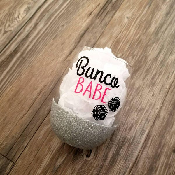 Bunco Babe Glitter Stemless Wine Glass: Funny Wine Gift
