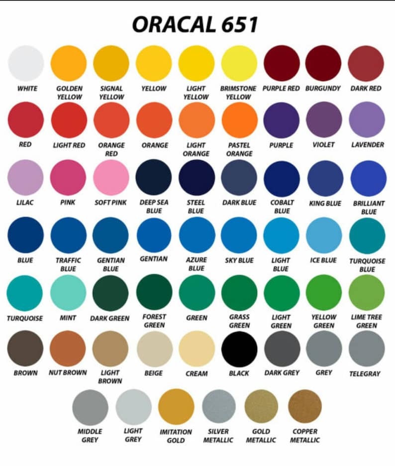 May include: A colour chart with 651 different colours, including white, black, red, blue, green, yellow, orange, purple, brown, and grey. The chart is labelled "ORACAL 651".
