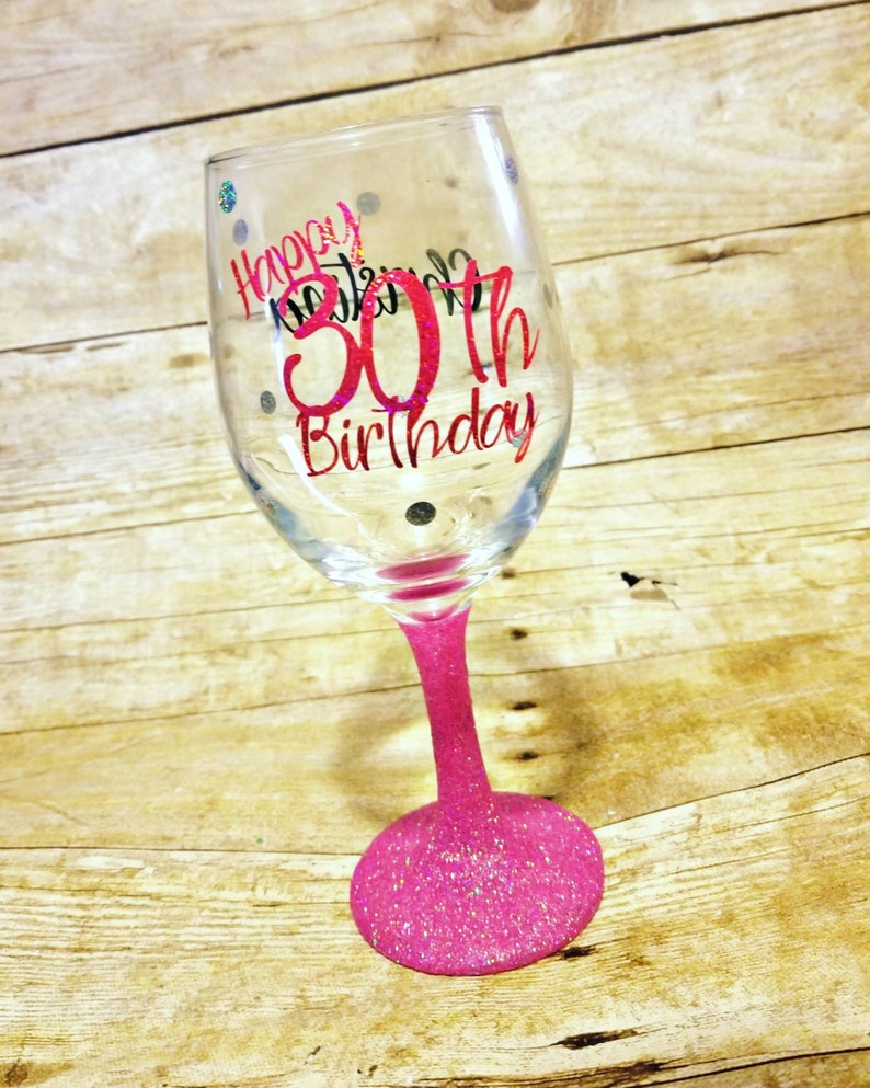 Happy 30th birthday glitter wine glass name wine glass Milestone wine glass BFF Birthday Dirty 30 gift polka-dot glass dirty 30 wine