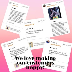 May include: A collage of customer reviews for personalized mugs and glasses. The reviews highlight the quality of the products and the excellent customer service. The text includes phrases like "exactly as pictured" and "came out perfect".