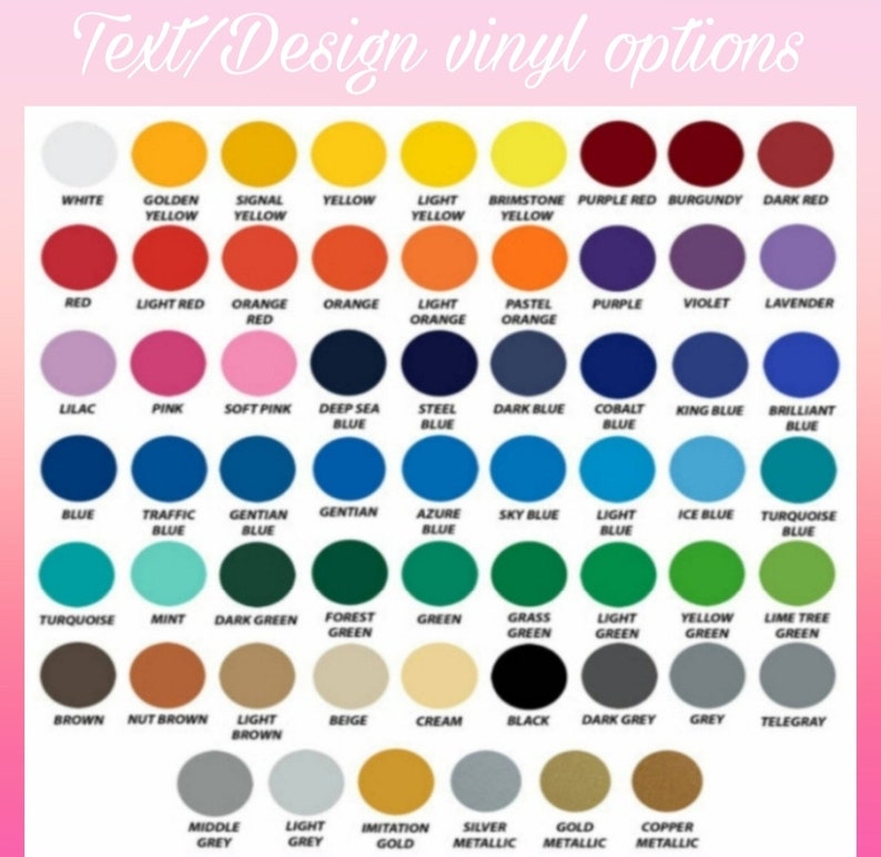 Pode incluir: Um gr&aacute;fico de 60 cores de vinil diferentes, incluindo branco, preto, vermelho, azul, verde, amarelo, laranja, roxo, marrom, cinza e cores met&aacute;licas. As cores s&atilde;o organizadas em linhas e colunas, com o nome de cada cor impresso abaixo de cada c&iacute;rculo.