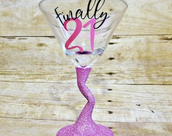 21st birthday glass, 21st martini glass, Finally 21, glitter martini glass, birthday princess, BFF Birthday, martini gifts, Birthday glass,