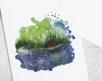 Cabin at the Lake Card, Watercolour Painting Art