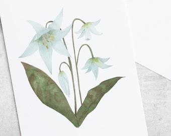 White Lily Flower Card, Watercolor Painting Art