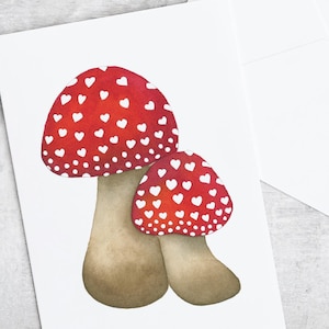 Carte d'amour coeurs champignon, aquarelle botanique