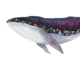 Humpback Whale and Forest Art Print, Watercolour Ocean Painting