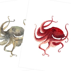 Octopus Art Print, Watercolour Green or Red Ocean Painting