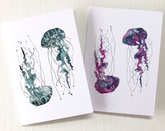 Jellyfish Card, Watercolour Artwork, Underwater Nautical Pairs