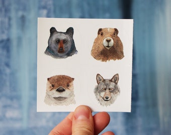Stickers, Animal, Bear, Marmot, Otter, Wolf Vinyl Circle Pack