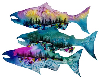 Salmon Fish Art Print, Watercolour Fish Painting
