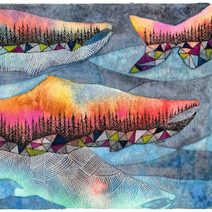 Salmon Run Art Print, Watercolour Fish Painting