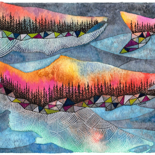 Salmon Run Art Print, Watercolour Fish Painting