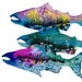 A watercolour print of three Salmon shapes in silhouette form with images of trees, waves and triangles inside. Colours include light blue, teal, pink, orange green and yellow.