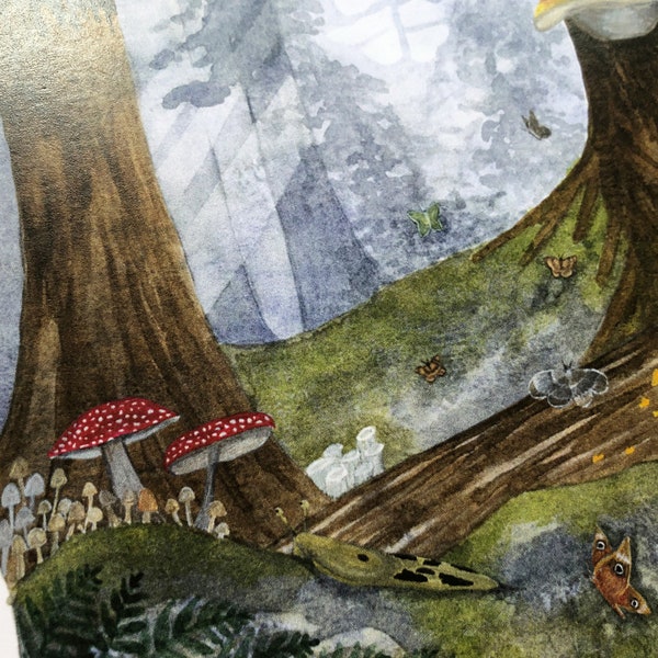 Impression d'art lumière de la forêt éthérée, peinture aquarelle de champignons