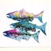 A watercolour print of three Salmon shapes in silhouette form with images of trees, waves and triangles inside. Colours include light blue, teal, pink, orange green and yellow. The background is white. The print is on a white backdrop.