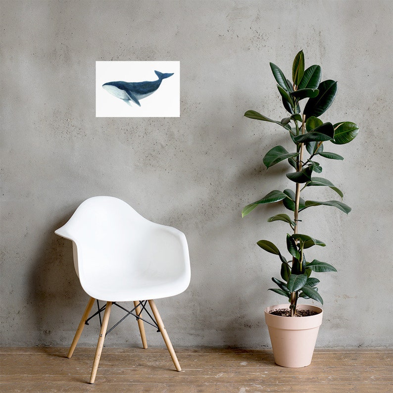 Humpback whale art print large size 12x18 on a light grey wall.