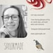 An image of the artist smiling in her studio. The text asks the viewer to stay in touch by instagram and lists the website. The logo is present as well as a sample of an octopus and quail painting.
