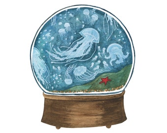 Jellyfish Snow Globe Art Print, Watercolour Ocean Painting