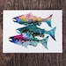 The 5x7 horizontal salmon fish art print rests on a dark wood background.
