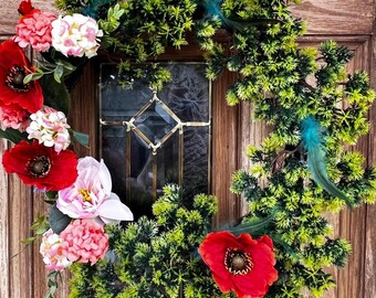 Red Poppy  with Turquoise Feathers Wreath - Boho Farmhouse Summer Door Decor