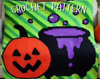 Halloween C2C Crochet Blanket Pattern, Pumpkin Cauldron PDF, Spooky Decor (Digital Download)